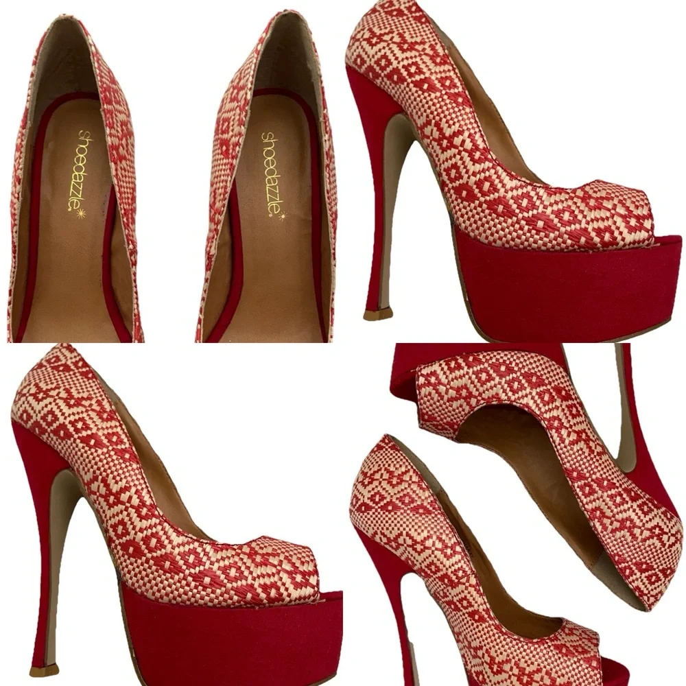 Shoe Dazzle Red and Cream Woven Platform Pumps with High Stiletto